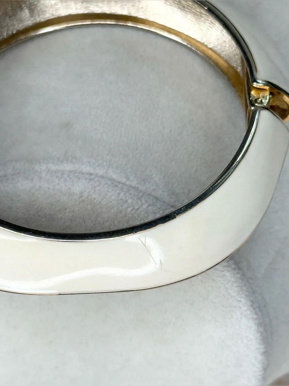 Ivory Enamel Hinged Bangle Bracelet Gold Tone Geometric 3” Statement Cuff